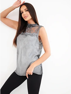 Dámská halenka z s krajkou a stojáčkem grafitová model 22354263 - K-Fashion