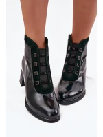 Lakované dámské kotníkové boty z přírodní kůže na podpatku model 21713856 tmavě zelené - D&A