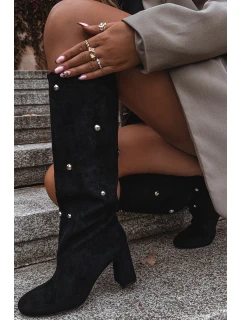 Kozaki Damskie Ocieplane Na Słupku Z Ozdobnymi Detalami Czarne Lucinda