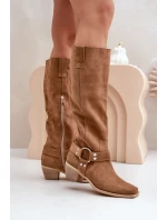 Zamszowe Kozaki Na Niskim Obcasie Z Cholewką Przed Kolano Zazoo 3444/O Camel