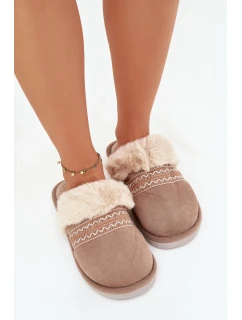 Dámske papuče s kožušinou a výšivkou - khaki Devianne