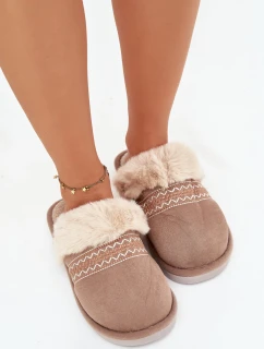 Dámske papuče s kožušinou a výšivkou - khaki Devianne