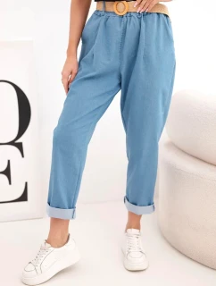 Dámské kalhoty s model 22025328 nohavicí a páskem světle džínové - K-Fashion