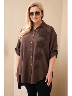 Dámske viskózové plus size tričko s kvetinovou výšivkou hnedej farby