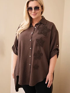 Dámská košile Plus Size z viskózy s květinovou výšivkou hnědá