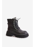 Ocieplane Skórzane Botki Workery Damskie Z Cyrkoniami GOE OO2N4125 Czarne