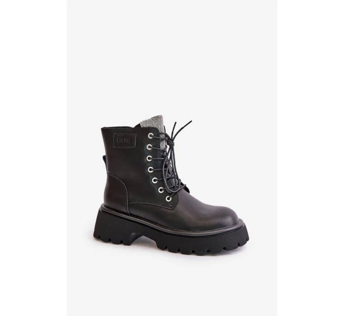 Ocieplane Skórzane Botki Workery Damskie Z Cyrkoniami GOE OO2N4125 Czarne