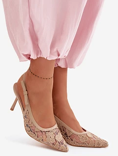 Dámské sandály na podpatku s krajkou tmavě béžové model 22103110 - Boto
