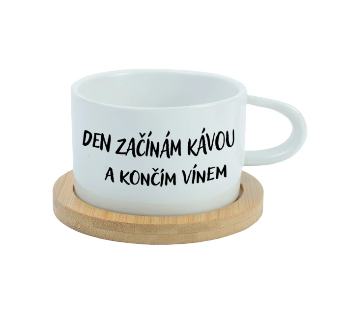 DEN ZAČÍNÁM KÁVOU A KONČÍM VÍNEM - bílý hrníček makronka 200 ml DEN ZAČÍNÁM KÁVOU A KONČÍM VÍNEM - bílý hrníček makronka 200 ml