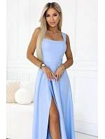Dlouhé šaty s rozparkem a výstřihem modré s třpytkami model 22090126 - numoco