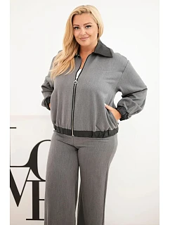 Dámska súprava vo veľkosti Plus Size s mikinou na zips a širokými nohavicami v grafitovej farbe