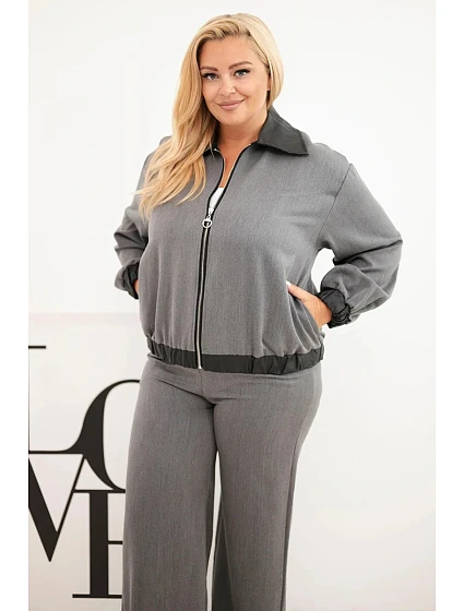 Dámska súprava vo veľkosti Plus Size s mikinou na zips a širokými nohavicami v grafitovej farbe