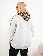 Dámska mikina Plus Size z viskózy s kapucňou a leopardovými detailmi, sivá