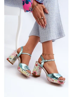 Dámské sandály na podpatku s květinami D&A model 21660335 modré - S.Barski