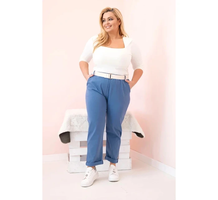 Dámské bavlněné kalhoty Plus Size s páskem džínovina Dámské bavlněné kalhoty Plus Size s páskem džínovina