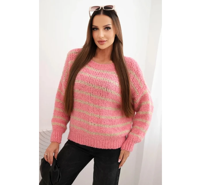 Svetr dámský pruhovaný s vlnou volného střihu růžový