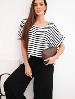 Dámska súprava z viskózy s pruhovanou blúzkou a širokými nohavicami s čiernou gumou