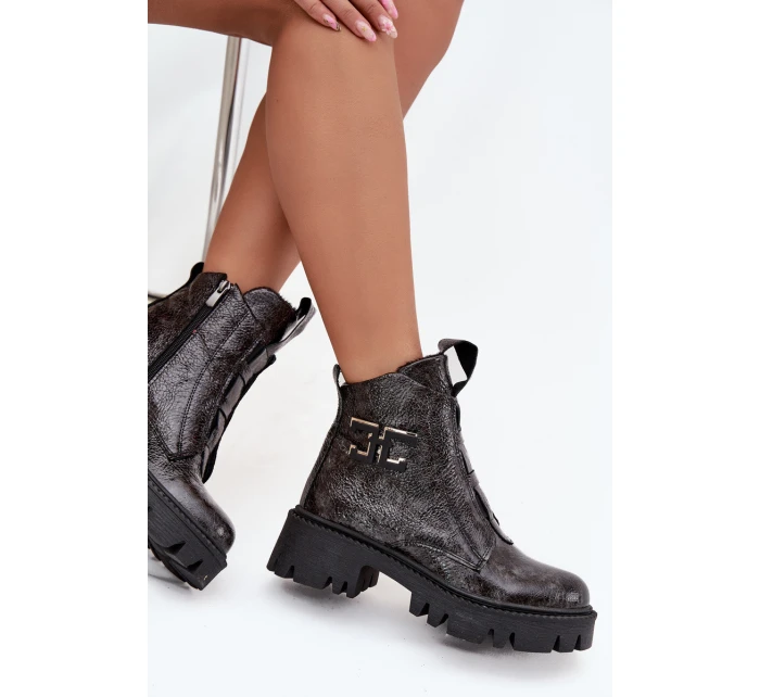 Skórzane Lakierowane Botki Damskie Z Ozdobą Ocieplane Artiker 57C2081 Grafitowe