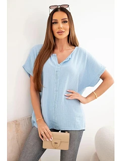 Dámska bavlnená blúzka oversize s výstrihom do V a čipkou modrá
