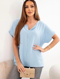 Dámská bavlněná oversize halenka s výstřihem do V a krajkou modrá