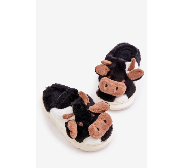 Dziecięce Futrzane Kapcie Z Motywem Krowy Czarne Tamorrin