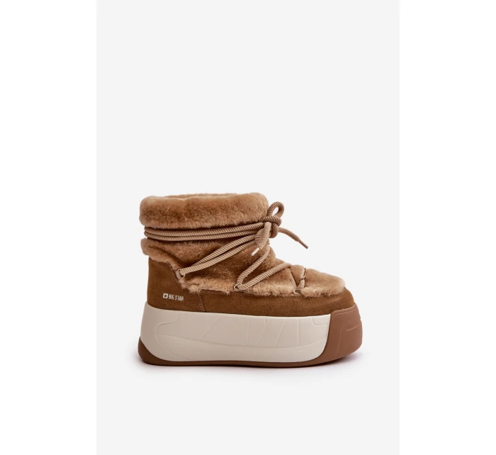 Skórzane Śniegowce Damskie Na Grubej Podeszwie Z Futerkiem Big Star OO274A207 Brązowe Skórzane Śniegowce Damskie Na Grubej Podeszwie Z Futerkiem Big Star OO274A207 Brązowe