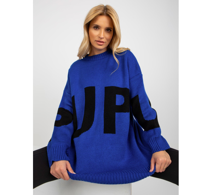 Kobaltovo modrý nadrozmerný dlhý sveter s nápisom RUE PARIS