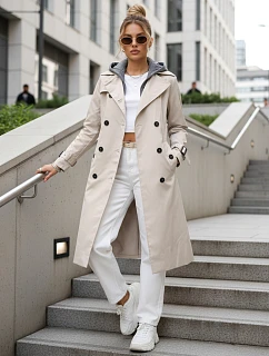 Dámsky dvojradový kabát s kapucňou svetlo béžový FashionStreet TY5655