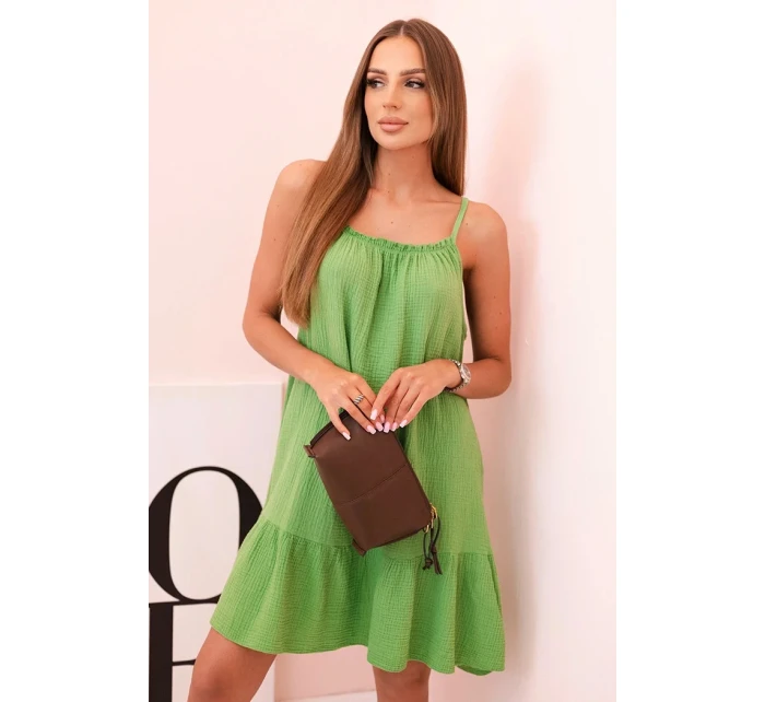 Dámské mušelínové šaty s ramínky a volánem oliva