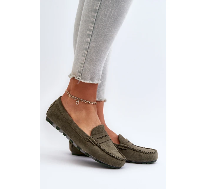 Klasyczne Mokasyny Damskie Zamszowe Ciemnozielone Glimris
