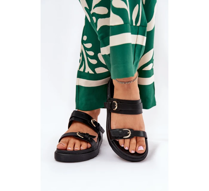 Klapki Damskie Na Platformie Ze Złotymi Klamrami Czarne Wernone