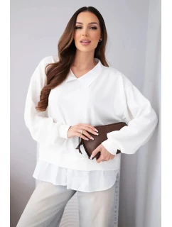 Dámska maslová viskózna mikina s košeľovou vložkou biela