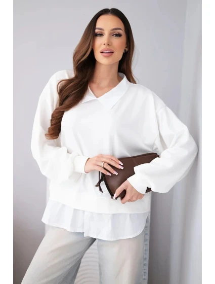 Dámska maslová viskózna mikina s košeľovou vložkou biela