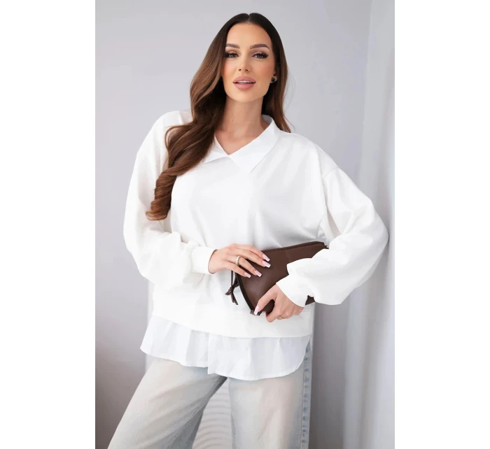 Dámska maslová viskózna mikina s košeľovou vložkou biela