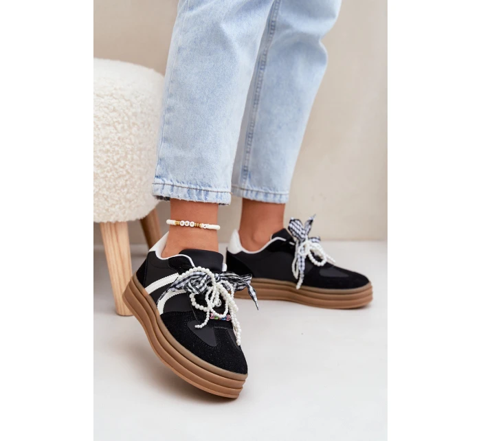 Sneakersy Damskie Na Platformie Z Ozdobami Czarne Vinness