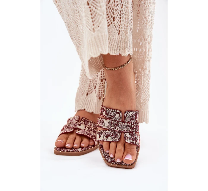 Zdobione Klapki Na Płaskim Obcasie Bordowe Anniles