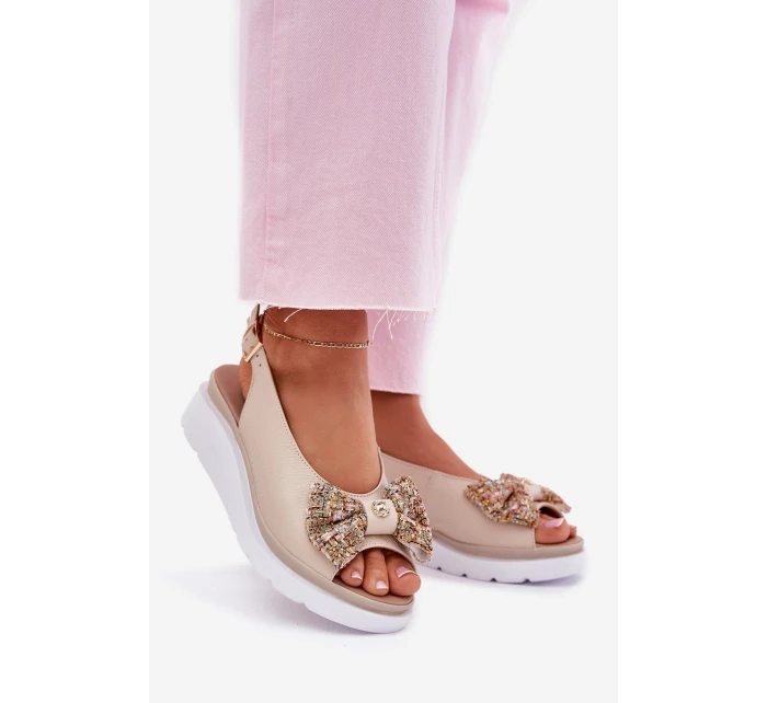 Skórzane Sandały Damskie Na Koturnie Z Kokardą Zazoo 1882 Beżowe
