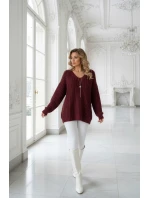 Teplý svetr oversize s vazbou a výstřihem do V vínový model 21820648 - numoco basic