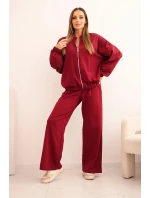 Dámský bavlněný komplet se širokými nohavicemi a mikinou na zip bordový