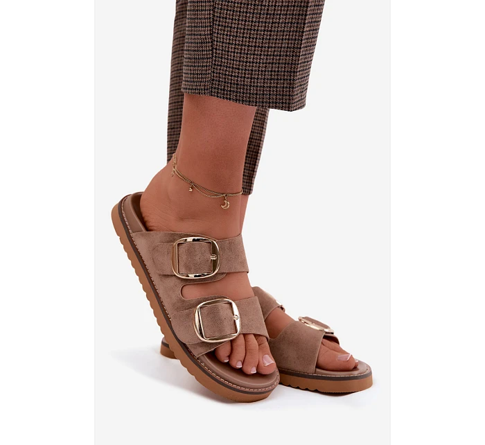 Dámské nazouváky z imitace semiše se zlatými přezkami Khaki model 22122701 - Boto