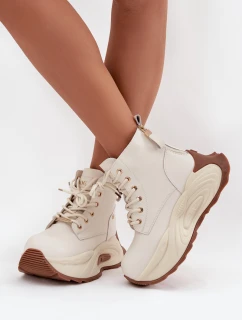 Dámske kožené čižmy GOE - svetlo béžové, zateplené, na platforme