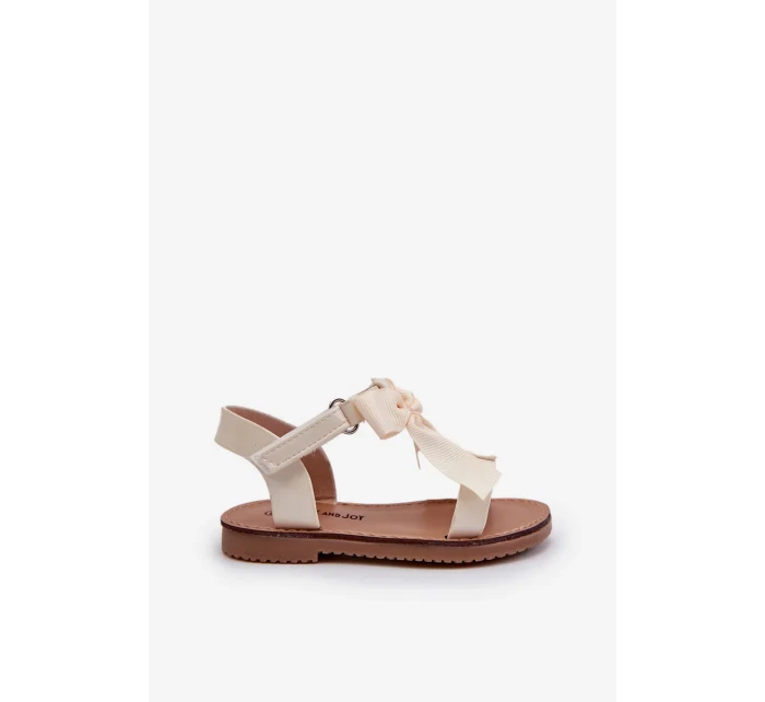 Lakované detské sandále s mašľou na suchý zips, svetlo béžové Joratia