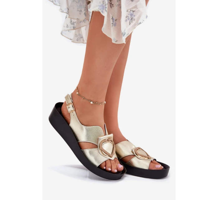 Kožené Dámské Sandály Na Klínu model 21698311 Zlaté - S.Barski Kožené Dámské Sandály Na Klínu model 21698311 Zlaté - S.Barski