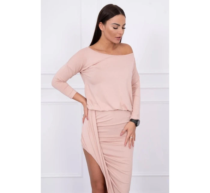 Asymetrické šaty, 3/4 rukávy, púdrovo béžové