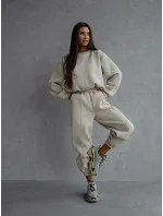 Dámska béžová bavlnená tepláková súprava s krátkou mikinou (82160)