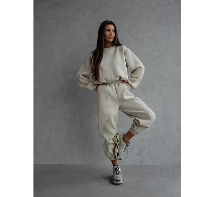 Dámska béžová bavlnená tepláková súprava s krátkou mikinou (82160)