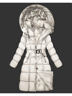Dlhá a hrubšia zimná bunda v ecru farbe s opaskom Minority (P3-6033-12)