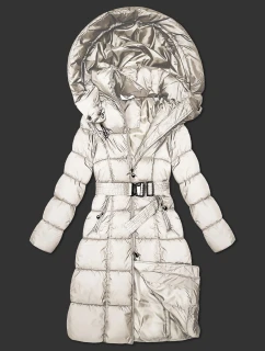 Dlhá a hrubšia zimná bunda v ecru farbe s opaskom Minority (P3-6033-12)