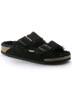Dámske semišové žabky Birkenstock Arizona VL Shearling Black regular width (0752661) vyrobené z ovčej vlny