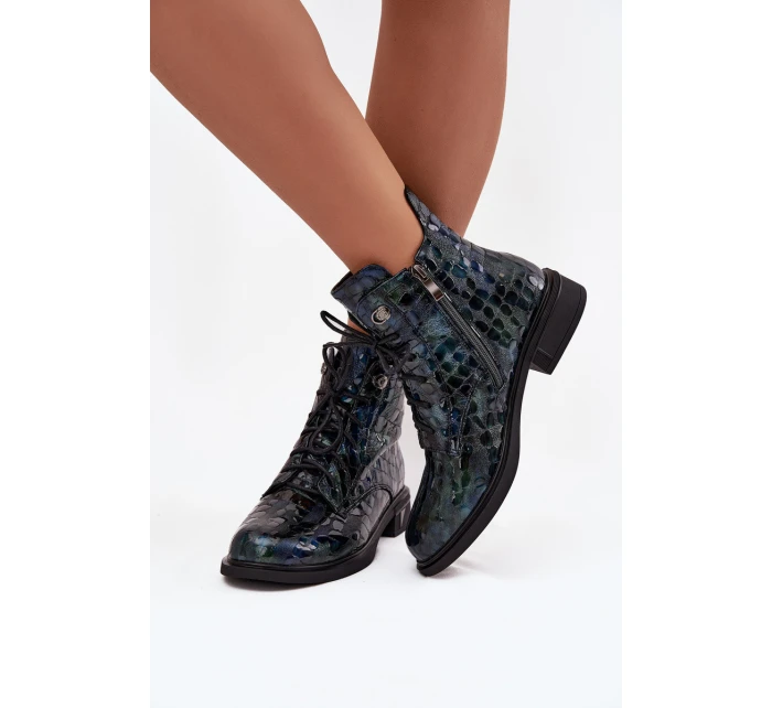 Lakierowane Botki Damskie Z Naturalnej Skóry D&A LZ52-962 Granatowe